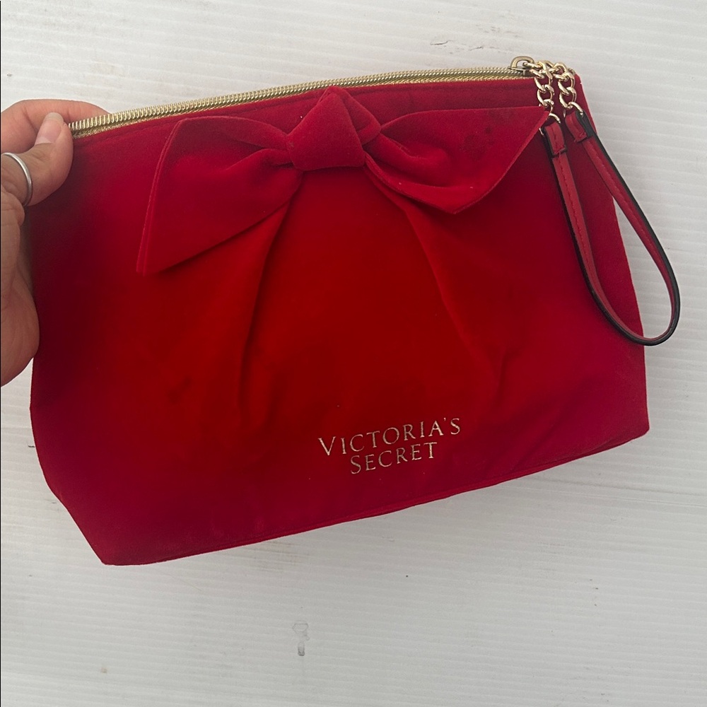 Victoria's Secret Red Velvet Bow Wristlet Clutch with Gold Trim